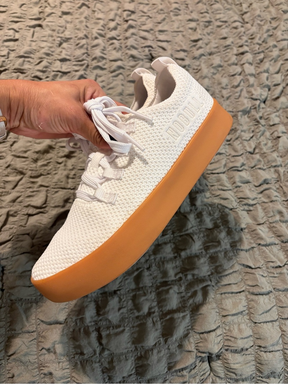 NOBULL White Knit Sneaker with Tan Gum Sole